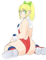 Rule 34 | 1girl, android, artist request, ass, blonde hair, breasts, capcom, green eyes, highres, huge ass, leotard, long hair, looking at viewer, looking back, mega man (series), ponytail, roll (mega man), small breasts, solo, traditional media