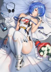 Rule 34 | 1girl, ankle boots, ayanami rei, bare shoulders, blue hair, boots, bouquet, breasts, bridal veil, cassette player, clothing cutout, dress, eyepatch, finger to mouth, flower, gloves, headphones, highres, interface headset, looking at viewer, lying, medium breasts, mhk (mechamania), neon genesis evangelion, on back, parted lips, plugsuit, red eyes, short hair, side cutout, sleeveless, sleeveless dress, solo, thighhighs, thighs, veil, white dress, white footwear, white gloves, white thighhighs