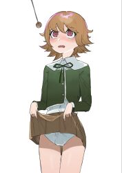 Rule 34 | 1boy, bulge, clothes lift, coin, coin on string, danganronpa (series), drooling, erection, erection under clothes, fujisaki chihiro, heart, heart-shaped pupils, highres, holed coin, hypnosis, mind control, panties, pendulum, precum, skirt, skirt lift, symbol-shaped pupils, toufu (tofu prprpr), trap, underwear, white panties