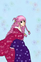 Rule 34 | 1girl, alternate costume, braid, dress, japanese clothes, kimono, long hair, one piece, perona, pink hair, print dress, sitting, solo