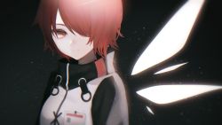 Rule 34 | 1girl, arknights, bad id, bad twitter id, closed mouth, detached wings, exusiai (arknights), hair over one eye, highres, jacket, looking at viewer, migihidari (puwako), name tag, one eye covered, red eyes, red hair, short hair, smile, solo, upper body, wings
