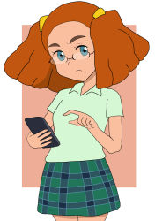 Rule 34 | 1girl, blue eyes, cellphone, checkered clothes, checkered skirt, crayon shin-chan, female focus, francisca (shin-chan), glasses, green skirt, looking at viewer, orange hair, phone, sasanoyotoro, skirt, smartphone, solo, twintails, white background