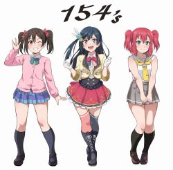 Rule 34 | 3girls, :d, afterschool school idol (love live!), asymmetrical legwear, black eyes, black footwear, black hair, black socks, black thighhighs, blue flower, blue legwear, blue rose, blue skirt, boots, bow, bowtie, brown footwear, cardigan, center frills, chase (love live!), clenched hands, collared shirt, commentary request, feather hair ornament, feathers, flower, frills, full body, gloves, green eyes, green neckwear, grey skirt, grin, hair bow, hair flower, hair ornament, hands up, height, in-franchise crossover, jacket, kneehighs, kurosawa ruby, loafers, long hair, long sleeves, looking at viewer, love live!, love live! nijigasaki high school idol club, love live! school idol festival all stars, love live! school idol project, love live! sunshine!!, m/, mismatched legwear, multiple girls, neckerchief, nervous smile, one eye closed, one side up, open mouth, otonokizaka school uniform, over-kneehighs, own hands together, pink cardigan, pleated skirt, red bow, red eyes, red hair, red legwear, red neckwear, rose, school uniform, shirt, shoes, short hair, simple background, skirt, smile, socks, standing, striped bow, striped bowtie, striped clothes, striped neckwear, thighhighs, tie clip, trait connection, turkey min, twintails, two side up, uranohoshi school uniform, white background, white feathers, white gloves, yazawa nico, yellow flower, yellow jacket, yellow neckwear, yellow rose, yuuki setsuna (love live!)