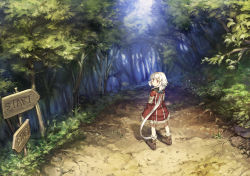 Rule 34 | 1girl, benitama, boots, from behind, long hair, long sleeves, looking at viewer, looking back, original, ponytail, red eyes, road, scenery, sign, silver hair, solo