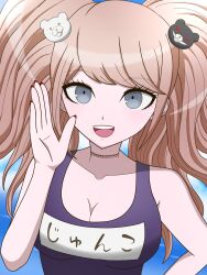 Rule 34 | 1girl, :d, alternate costume, bare shoulders, bear hair ornament, black choker, blonde hair, blue one-piece swimsuit, breasts, choker, cleavage, collarbone, danganronpa: trigger happy havoc, danganronpa (series), day, enoshima junko, hair ornament, hand up, highres, large breasts, long hair, looking at viewer, nail polish, one-piece swimsuit, open mouth, outdoors, red nails, smile, solo, suiren yurei, swimsuit, teeth, twintails, upper teeth only