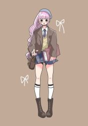Rule 34 | 1girl, :o, artist request, bag, black eyes, book, expressionless, full body, highres, holding, holding bag, holding book, long hair, looking at viewer, one piece, open mouth, perona, pink hair, school bag, school uniform, skirt, solo, very long hair