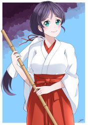 Rule 34 | 1girl, absurdres, aqua eyes, artist name, artist request, blush, bow, breasts, broom, cleavage, collarbone, female focus, green eyes, hair ornament, hair ribbon, hair scrunchie, hakama, hakama skirt, highres, holding, holding broom, japanese clothes, kimono, long hair, looking at viewer, love live!, love live! school idol festival, love live! school idol project, low ponytail, medium breasts, miko, parted lips, ponytail, purple hair, red bow, red hakama, red ribbon, ribbon, scrunchie, skirt, smile, solo, tojo nozomi, white kimono, wide sleeves
