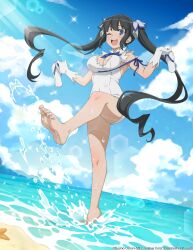 Rule 34 | 1girl, absurdres, artist request, bare legs, barefoot, beach, black hair, commentary, dress, dungeon ni deai wo motomeru no wa machigatteiru darou ka, english commentary, english text, feet, gloves, hair ornament, hestia (danmachi), highres, holding, kicking, leg up, legs, ocean, official art, sandals, sky, standing, standing on one leg, tight clothes, tight dress, toenails, toes, twintails, white dress, white footwear, white gloves
