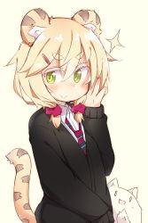Rule 34 | :&gt;, animal ears, blonde hair, cat, eyebrows, hair ornament, hairclip, necktie, original, shirt, simple background, solo, sparkle, sweater, tail, thick eyebrows, tiger ears, tiger tail, tomcat (moconeko), toramimi-senpai, twintails, two-tone necktie, upper body, yellow eyes
