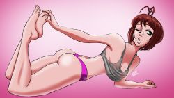 Rule 34 | ass, barefoot, blinking, breasts, feet, green eyes, hands on feet, highres, holding feet, leg up, lying, mike rodriguez, nose piercing, on stomach, piercing, pink background, red hair, see-through, self-upload, short shorts, shorts, solo