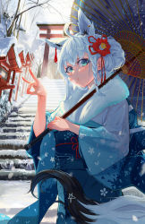 Rule 34 | 1girl, absurdres, ahoge, animal ears, blue eyes, blue kimono, blush, braid, commentary request, ear piercing, extra ears, fox ears, fox girl, fox shadow puppet, fox tail, fur trim, hair bun, hair ornament, highres, holding, holding umbrella, hololive, japanese clothes, kimono, long sleeves, looking at viewer, obi, outdoors, parasol, parted lips, piercing, print kimono, sash, shirakami fubuki, shirakami fubuki (new year), silver hair, single hair bun, snarkhunt, snow, solo, stairs, standing, tail, torii, umbrella, virtual youtuber, wide sleeves