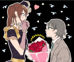 Rule 34 | 10s, 2boys, alternate costume, bespectacled, black background, blue eyes, blush, bouquet, braid, brown hair, covering own mouth, dress, earrings, flower, glasses, green-framed eyewear, grey hair, halterneck, hat, heart, idolmaster, idolmaster side-m, jacket, jewelry, long hair, looking at another, male focus, mini hat, mizushima saki, multiple boys, nail polish, necktie, pinstripe pattern, red flower, red nails, red rose, rose, see-through, simple background, striped, suit jacket, trap, upper body, urahara, uzuki makio, yaoi