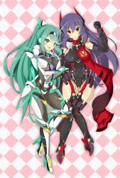 Rule 34 | 2girls, armor, artist request, blush, bodysuit, boots, breasts, gem, hair ornament, headpiece, high heels, highres, jewelry, large breasts, leotard, looking at viewer, mecha musume, multiple girls, nintendo, open mouth, pantyhose, pneuma (xenoblade), poppi (xenoblade), poppi qtpi (xenoblade), shoes, smile, spoilers, thighhighs, tiara, xenoblade chronicles (series), xenoblade chronicles 2