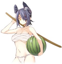 Rule 34 | 10s, 1girl, bare shoulders, bokken, breasts, cowboy shot, eyepatch, food, fruit, fujishiro touma, fundoshi, headgear, kantai collection, large breasts, looking at viewer, navel, over shoulder, sarashi, short hair, smile, solo, sword, tenryuu (kancolle), underboob, watermelon, weapon, weapon over shoulder, white background, wooden sword, yellow eyes