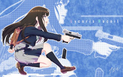 Rule 34 | 10ttruck, 1girl, backpack, bag, black hair, black socks, blue dress, blue theme, brown footwear, collared shirt, copyright name, dress, from side, full body, grey dress, gun, handgun, highres, holding, holding gun, holding magazine (weapon), holding weapon, inoue takina, loafers, long hair, long sleeves, looking ahead, lycoris recoil, lycoris uniform, magazine (weapon), open mouth, outstretched arm, pleated dress, purple eyes, s&amp;w m&amp;p, shirt, shoes, sideways mouth, signature, socks, squatting, trigger discipline, two-tone dress, weapon, white shirt, zoom layer