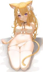 Rule 34 | 1girl, absurdres, animal ear fluff, animal ears, arm support, bare shoulders, bikini, blonde hair, bow, bow bikini, breasts, breasts apart, cat ears, cat girl, cat tail, hair bow, highres, kneeling, light smile, long hair, looking at viewer, medium breasts, mill (user ypgc2873), navel, original, purple eyes, stomach, string bikini, swimsuit, tail, thighhighs, tongue, tongue out, untied bikini, untying, white bikini, white bow, white thighhighs