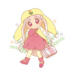 Rule 34 | 1girl, ayu (mog), dot mouth, dress, flower, full body, hat, holding, holding suitcase, jester cap, long hair, long sleeves, no nose, pantyhose, pink hair, princess silver, red eyes, red footwear, signature, simple background, suitcase, white background, yellow hat, yellow pantyhose, yume no crayon oukoku