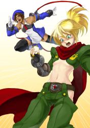 Rule 34 | 1boy, 1girl, arc system works, beret, black thighhighs, blazblue, blonde hair, boots, brown eyes, brown hair, cosplay, costume switch, crossdressing, embarrassed, fingerless gloves, flat chest, gloves, green eyes, hat, highres, looking down, midriff, necktie, noel vermillion, noel vermillion (cosplay), open mouth, pants, red ribbon, ribbon, scar, scarf, shishigami bang, shishigami bang (cosplay), short hair, thighhighs, uniform, white gloves, yuriyuri (ccc)
