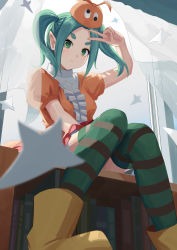 Rule 34 | 1girl, absurdres, aqua hair, arm up, blurry, blurry foreground, blush, bookshelf, boots, breasts, closed mouth, commentary request, curtains, dress, foot out of frame, forehead, frilled dress, frills, frown, googly eyes, green eyes, green thighhighs, hat, highres, knees together feet apart, looking at viewer, medium breasts, medium hair, monogatari (series), nemo ringo, ononoki yotsugi, open window, orange dress, orange hat, pointy ears, puffy short sleeves, puffy sleeves, rubber boots, shadow, short eyebrows, short sleeves, sidelocks, sitting, solo, striped clothes, striped thighhighs, thick eyebrows, thighhighs, twintails, v, window, yellow footwear