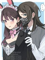 ... 2girls adversarial_noise animal_ears bang_dream! bang_dream!_it&#039;s_mygo!!!!! black_hair black_mask black_necktie blush bow bowtie breasts brown_hair cleavage commentary earrings fake_animal_ears gloves green_eyes grey_vest hand_on_another&#039;s_shoulder highres jewelry long_hair maid_headdress mask mouth_mask multiple_girls nanami_(nunnun_0410) necktie open_mouth pink_bow pink_bowtie purple_eyes rabbit_ears shiina_taki shirt spoken_ellipsis sweatdrop timoris_(bang_dream!) upper_body vest watermark white_gloves white_shirt yahata_umiri