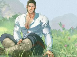 Rule 34 | 1boy, bara, black pants, chest hair, closed mouth, collared shirt, day, facial hair, facial scar, golden kamuy, large pectorals, long sideburns, looking at viewer, male focus, mature male, muscular, muscular male, nopinzo, outdoors, pants, pectorals, scar, scar on cheek, scar on face, shirt, sideburns, sitting, smile, solo, tanigaki genjirou, white shirt