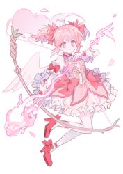 Rule 34 | 1girl, bow, bow (weapon), choker, closed mouth, dress, footwear ribbon, frilled dress, frills, full body, hair ribbon, high heels, highres, holding, holding bow (weapon), holding weapon, kaname madoka, mahou shoujo madoka magica, mew (mewrurirun), pink bow, pink choker, pink dress, pink eyes, pink footwear, pink hair, pink ribbon, pink wings, puffy short sleeves, puffy sleeves, ribbon, short sleeves, short twintails, simple background, socks, solo, twintails, unfinished, weapon, white background, white sleeves, white socks, wings