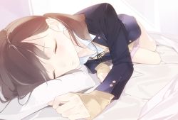 Rule 34 | 1girl, ama mitsuki, bed sheet, beige sweater, black ribbon, blue jacket, brown hair, buttons, closed mouth, collared shirt, commentary request, dated, closed eyes, full body, head on pillow, indoors, jacket, legs together, long sleeves, lying, on bed, on side, original, pillow, pleated skirt, ribbon, school uniform, shirt, skirt, sleeping, solo, twintails, white shirt