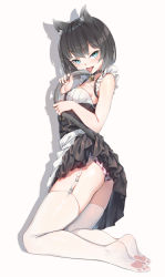 Rule 34 | 1girl, animal ears, apron, ass, bell, black choker, black hair, black skirt, blue eyes, blush, breasts, buttons, cat ears, cat tail, choker, clothes lift, eyes visible through hair, fang, fangxiang cuoluan, frills, garter straps, highres, looking at viewer, neck bell, no shoes, open mouth, original, panties, paw print, pink panties, print panties, shadow, short hair, simple background, skirt, skirt lift, sleeveless, slit pupils, small breasts, smile, solo, tail, teeth, thighhighs, tongue, tongue out, underwear, waist apron, white thighhighs