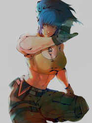 Rule 34 | 1girl, abs, ammunition pouch, armlet, bare shoulders, belt, blue eyes, blue hair, breasts, camouflage, camouflage pants, dog tags, earrings, gloves, jewelry, large breasts, leona heidern, midriff, military, military uniform, mojyavoltage6, muscular, muscular female, pants, ponytail, pouch, sleeveless, solo, squatting, tank top, the king of fighters, the king of fighters xiv, the king of fighters xv, triangle earrings, uniform, yellow tank top