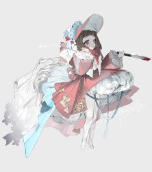 Rule 34 | 1girl, absurdres, blood, bloody knife, blunt bangs, bonnet, bow, bowtie, brown hair, dress, flower, frills, full body, grey background, hands up, hat, highres, holding, holding knife, knife, long sleeves, looking afar, meisho mikaku, original, pantyhose, pink dress, pink eyes, puffy long sleeves, puffy sleeves, red bow, red dress, simple background, solo, standing, twitter username, white background, white pantyhose