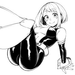 Rule 34 | 1girl, absurdres, arm support, ass, blush, bodysuit, boku no hero academia, breasts, closed mouth, feet out of frame, fingernails, greyscale, highres, knees up, kobaji, looking at viewer, medium breasts, monochrome, short hair, simple background, sitting, smile, solo, uraraka ochako