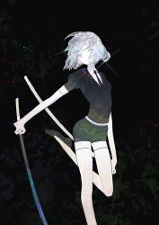 Rule 34 | 1other, androgynous, belt, black background, black footwear, black necktie, bob cut, commentary, crystal hair, diamond (houseki no kuni), foot out of frame, foot up, gem uniform (houseki no kuni), glint, grey eyes, grey hair, head tilt, holding, holding sheath, holding sword, holding weapon, houseki no kuni, krusier, looking at viewer, necktie, other focus, puffy short sleeves, puffy sleeves, sheath, shoes, short hair, short sleeves, solo, standing, standing on one leg, sword, thighhighs, unsheathed, weapon, white thighhighs