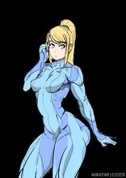 Rule 34 | 1girl, blonde hair, blue eyes, bodysuit, breasts, cowboy shot, highres, long hair, maniacpaint, metroid, muscular, nintendo, ponytail, samus aran, skin tight, small breasts, solo, standing, thick thighs, thighs, toned, transparent background, zero suit