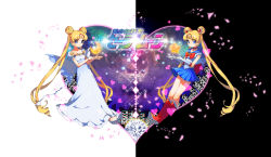 Rule 34 | 10s, 2girls, bishoujo senshi sailor moon, bishoujo senshi sailor moon crystal, blonde hair, blue eyes, blue sailor collar, blue skirt, boots, bow, brooch, choker, copyright name, crescent, crescent facial mark, double bun, dress, dual persona, earrings, elbow gloves, facial mark, forehead mark, gloves, hair ornament, hairpin, highres, jewelry, knee boots, long hair, magical girl, multiple girls, pleated skirt, princess serenity, red bow, ribbon, sailor collar, sailor moon, skirt, smile, tiara, tsukino usagi, twintails, white dress, white gloves, yamijam