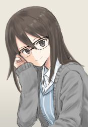 Rule 34 | 10s, 1girl, adapted costume, bespectacled, black-framed eyewear, blue shirt, brown eyes, brown hair, cardigan, closed mouth, commentary, dress shirt, girls und panzer, glasses, grey background, grey sweater, keizoku school uniform, leaning forward, long hair, long sleeves, looking at viewer, mika (girls und panzer), mutsu (layergreen), no headwear, open cardigan, open clothes, over-rim eyewear, school uniform, semi-rimless eyewear, shirt, simple background, smile, solo, striped clothes, striped shirt, sweater, upper body, vertical-striped clothes, vertical-striped shirt, white shirt, winter uniform