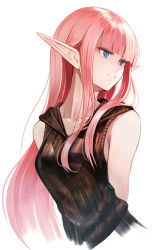 Rule 34 | 1girl, arms behind back, black jacket, blue eyes, blunt bangs, closed mouth, collarbone, cropped torso, hair over shoulder, hood, hood down, hooded jacket, jacket, long hair, original, pink hair, pointy ears, simple background, sleeveless, sleeveless jacket, solo, straight hair, sushi (sashimise), very long hair, white background