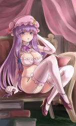 Rule 34 | 1girl, blue bow, blurry, blurry foreground, blush, book, book stack, bow, bra, breasts, cameltoe, crescent, crescent hat ornament, elbow gloves, frilled bra, frilled thighhighs, frills, gloves, hair bow, hand up, hat, hat ornament, high heels, highres, indoors, large breasts, long hair, looking at viewer, mob cap, namiki (remiter00), open book, open mouth, panties, patchouli knowledge, pink hat, purple eyes, purple footwear, purple hair, red bow, sitting, skindentation, thighhighs, thighs, touhou, underwear, underwear only