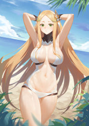 Rule 34 | 1girl, absurdres, alchemy stars, armpits, arms up, beach, blonde hair, blurry, blush, breasts, cleavage, closed mouth, cloud, day, depth of field, embarrassed, hair ornament, halterneck, highres, horizon, large breasts, long hair, midriff, one-piece swimsuit, see-through, serelith, sky, solo, standing, swimsuit, thighs, uriah (alchemy stars), very long hair, water, wet, wet clothes, white one-piece swimsuit