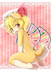 Rule 34 | 1girl, animal ears, animal hands, ass, barefoot, blonde hair, blush, chain, collar, crystal, embodiment of scarlet devil, fang, feet, female focus, flandre scarlet, fox, fox ears, fox tail, furrification, furry, furry female, hat, kagerofu, kneeling, looking at viewer, looking back, nude, open mouth, orange eyes, pawpads, red eyes, short hair, sitting, smile, soles, solo, tail, touhou, wariza, wings