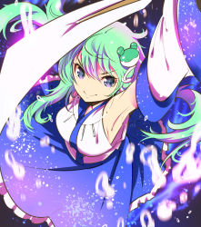Rule 34 | 1girl, absurdres, armpits, blue eyes, blue skirt, closed mouth, detached sleeves, frog hair ornament, gohei, green hair, hair ornament, highres, holding, ichizen (o tori), jewelry, kochiya sanae, long hair, looking at viewer, necklace, nontraditional miko, one-hour drawing challenge, shirt, skirt, smile, snake hair ornament, solo, touhou, v-shaped eyebrows, white shirt