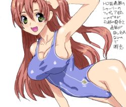 Rule 34 | 00s, 1girl, adjusting hair, armpits, bad drawr id, bad id, breasts, brown hair, cleavage, code geass, collarbone, covered navel, curvy, green eyes, highleg, hirose (mokiki), large breasts, long hair, looking at viewer, one-piece swimsuit, open mouth, school swimsuit, shiny skin, shirley fenette, simple background, smile, solo, swimsuit, taut clothes, taut swimsuit, translation request, very long hair, white background, wide hips