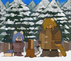 Rule 34 | 2girls, animal ears, arms at sides, axe, blonde hair, blue eyes, blue hair, boots, brown coat, coat, commentary, day, english commentary, forest, fur-trimmed coat, fur-trimmed sleeves, fur trim, furry, furry female, g00d1a, hair between eyes, hair over one eye, hands in opposite sleeves, highres, holding, holding axe, leopard ears, leopard tail, log, long sleeves, looking down, multiple girls, nature, one eye covered, original, outdoors, pantyhose, raccoon ears, raccoon tail, red scarf, scarf, snow, tail, toggles, tree, tree stump, winter, wood, yellow eyes
