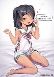 Rule 34 | 1girl, bare legs, barefoot, black hair, blush, braid, brown eyes, clothes writing, dress, hair ornament, hairclip, highres, kantai collection, mole, mole under eye, neckerchief, one eye closed, open mouth, sailor collar, sailor dress, scirocco (kancolle), short hair, solo, speech bubble, translation request, twitter username, two side up, unidentified nk, white dress, white sailor collar