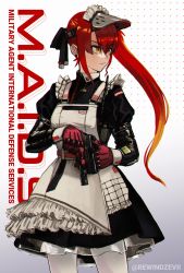 Rule 34 | 1girl, adapted costume, apron, black dress, commentary, dress, english commentary, english text, frilled apron, frills, gun, handgun, highres, holding, holding gun, holding weapon, laser sight, long hair, looking to the side, maid, maid headdress, making-of available, orange eyes, original, pantyhose, petticoat, red hair, reze (rewindze), side ponytail, solo, standing, trigger discipline, visor cap, weapon, white apron, white pantyhose, wrist cuffs