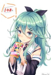 Rule 34 | 10s, 1girl, black ribbon, blue neckerchief, blush, commentary request, detached sleeves, food, green eyes, green hair, hair between eyes, hair ornament, hair ribbon, hairclip, highres, holding, kantai collection, karo-chan, long hair, looking at viewer, neckerchief, nerunerunerune, ponytail, ribbon, school uniform, serafuku, shiny skin, simple background, solo, twitter username, upper body, white background, yamakaze (kancolle)