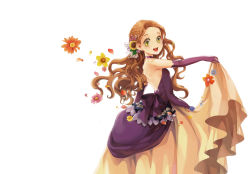 Rule 34 | 1girl, b.s, back, bad id, bad pixiv id, bare shoulders, braid, brown hair, dress, flower, gloves, green eyes, hair flower, hair ornament, happy, highres, long hair, open mouth, original, simple background, solo