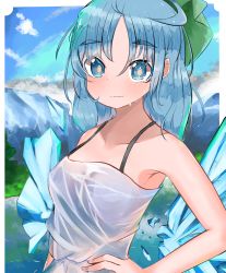 Rule 34 | 1girl, aliz wp514lov, alternate costume, bad id, bad pixiv id, bare shoulders, blue eyes, blue hair, blue sky, blush, breasts, cirno, cloud, collarbone, day, hand on own hip, highres, ice, ice wings, long hair, looking at viewer, outdoors, see-through, sky, smile, solo, touhou, upper body, wet, wet clothes, wings