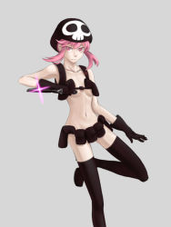 Rule 34 | 10s, 1girl, belt, black gloves, black thighhighs, boots, breasts, gloves, glowing, glowing weapon, hat, holster, jakuzure nonon, kill la kill, knife, navel, no panties, nudist beach uniform, pink eyes, pink hair, revealing clothes, reverse grip, shoulder holster, skull print, small breasts, solo, thigh boots, thighhighs, underboob, utility belt, weapon, yarn820