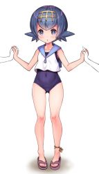 Rule 34 | 1girl, :o, anklet, blue eyes, blue hair, blue sailor collar, breasts, bright pupils, child, covered navel, creatures (company), full body, game freak, hairband, holding hands, jewelry, lana (pokemon), matanonki, nintendo, one-piece swimsuit, out of frame, pokemon, pokemon sm, sailor collar, sandals, school swimsuit, short hair, simple background, sleeveless, small breasts, solo focus, standing, swimsuit, swimsuit under clothes, trial captain, white background