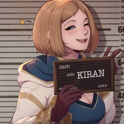 Rule 34 | 1girl, barbie (franchise), barbie (live action), barbie mugshot (meme), blue eyes, blush, breasts, brown gloves, character name, cleavage, english text, evomanaphy, fire emblem, fire emblem awakening, fire emblem heroes, freckles, gloves, height chart, height mark, highres, holding, holding sign, hood, hood down, kiran (female) (fire emblem), kiran (fire emblem), large breasts, looking at viewer, meme, mugshot, nintendo, one eye closed, open mouth, parted bangs, shadow, short hair, sideways glance, sign, solo, star (symbol), teeth, tongue, upper body, v